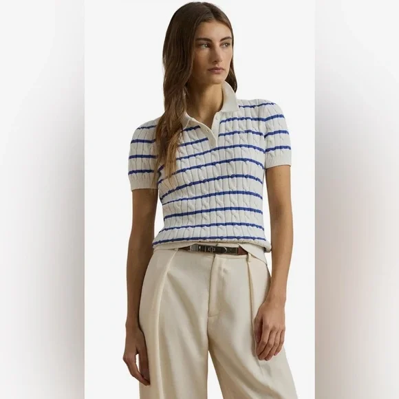 NWT Ralph Lauren White and Blue Cable Knit Polo - Picture 1 of 8